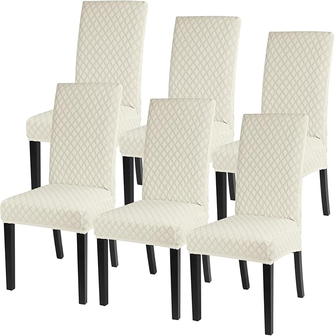 SearchI Dining Room Chair Covers Set of 6, Stretch Jacquard Parsons Chair Slipcovers Super Fit Removable Washable Kitchen Chair Protector Cover for Dining Room, Hotel, Ceremony (Cream)