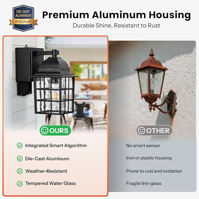 Gleamz Dusk to Dawn Outdoor Porch Light with GFCI Outlet, Modern Black Exterior Lighting Fixtures Wall Mount for House, Anti-Rust Outdoor Wall Sconce Lantern for Garage Coach with Water-Ripple Glass