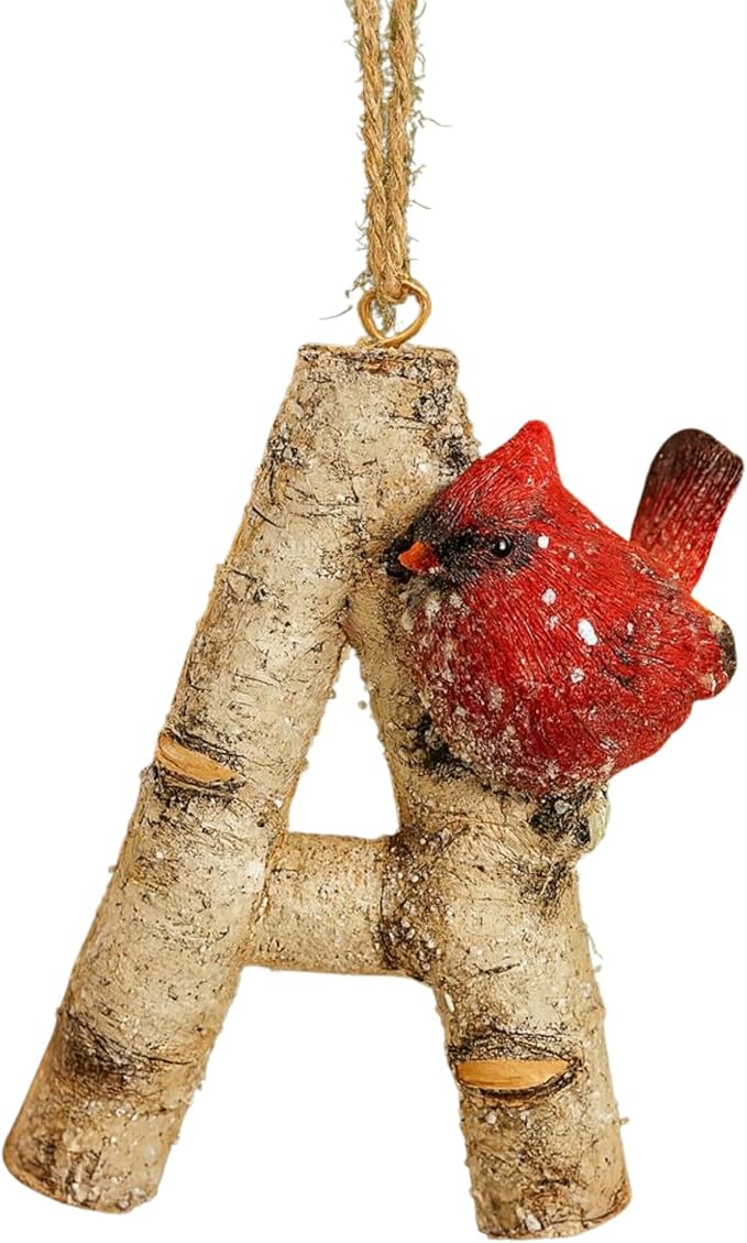 Rustic Cardinal Initial Letter Christmas Ornament – Birch Wood Look Hanging Alphabet Monogram Decoration for Holiday Tree & Winter Home Décor (A)
