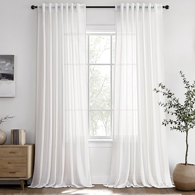 Pure White Linen Curtains 80 inches Long 2 Panels for Living Room Semi Sheer Light Filtering Window Drapes with Back Tab Burlap Textured Modern Farmhouse Coastal Curtains for Dining Room Office