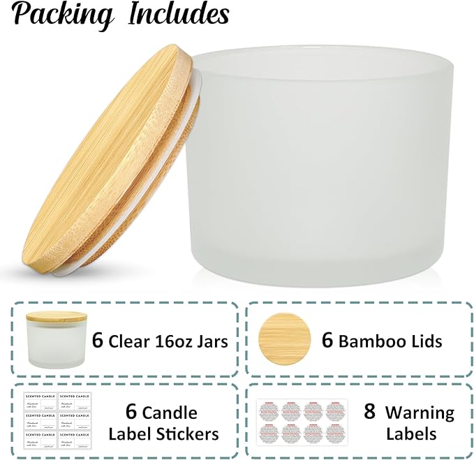 16oz 3 Wick Candle Jars 6 Pack - Large Empty Frosted Glass Candle Making Jars with Bamboo Lids, with Stickers and Labels, Bulk Candle Containers for Making Candles