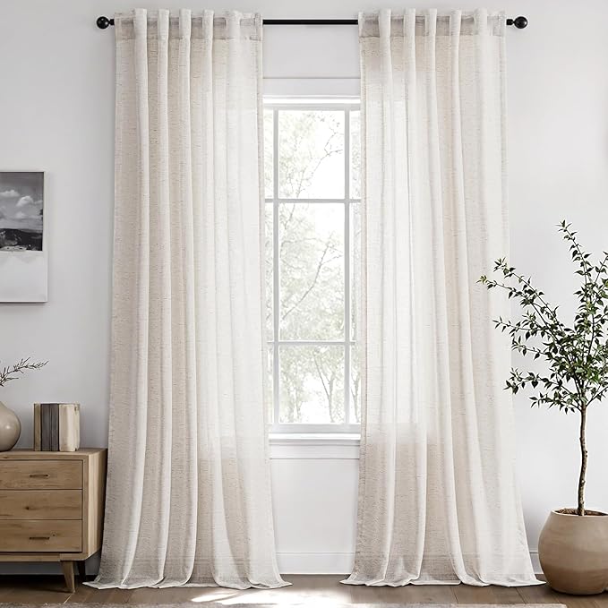 ANRODUO Natural White Semi Sheer Linen Curtains 90 inch Length 2 Panel Set Back Tab Pocket Cotton Textured Gauze Curtains Modern Farmhouse Neutral Rustic Coastal Living Dining Room Decor 37x90