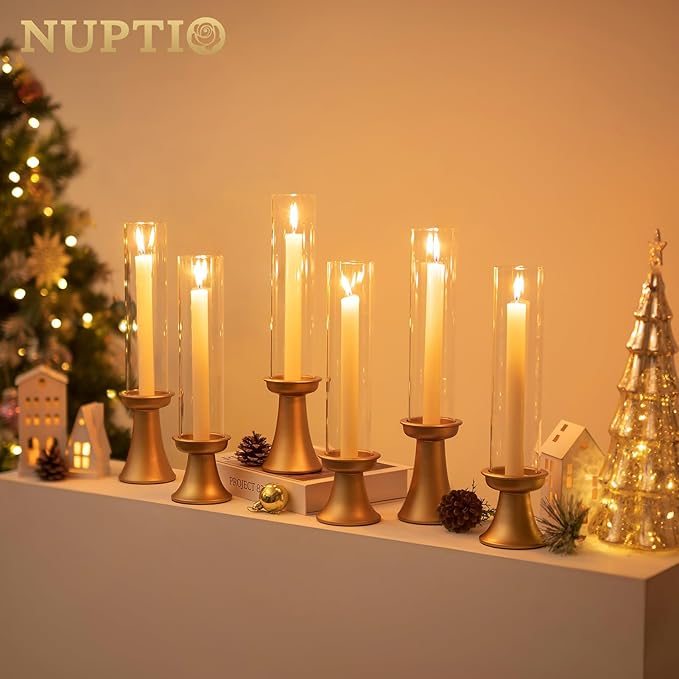 NUPTIO Taper Candle Holders Gold: Set of 2 Candlestick Holder with Hurricane Glass Cover - Tall Metal Candles Stick Stand for Fall Thanksgiving Christmas Seasonal Fireplace Decor