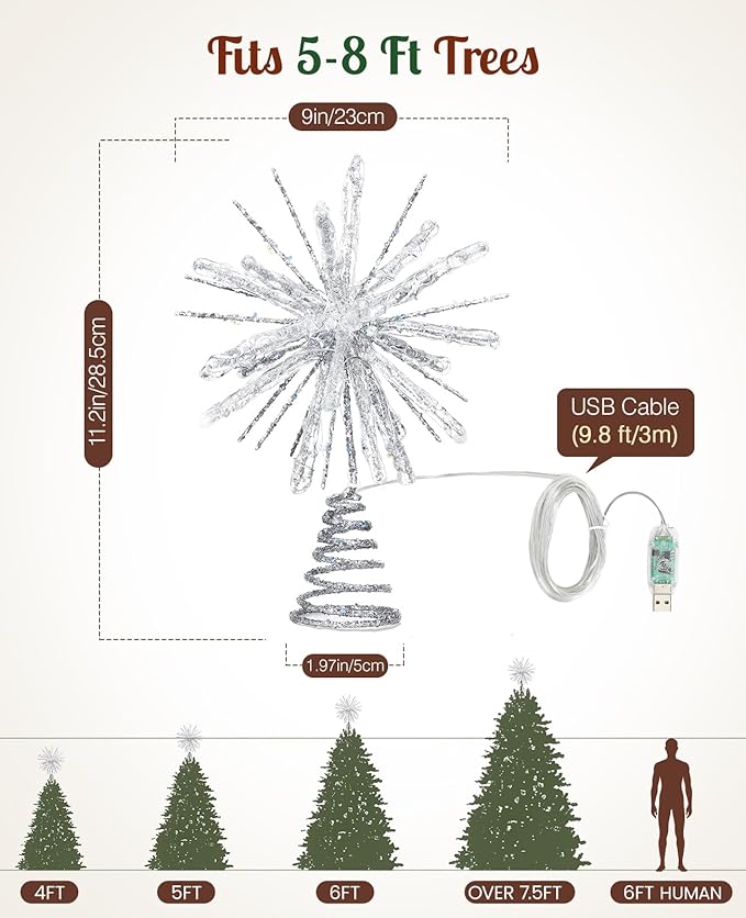 Luxspire Christmas Tree Topper, Crystal Lighted Christmas Tree Star with Remote & USB Starburst Tree Topper for Home Holiday Decor, 6H Timer & 8 Lighting Modes, Starburst Star-Silver