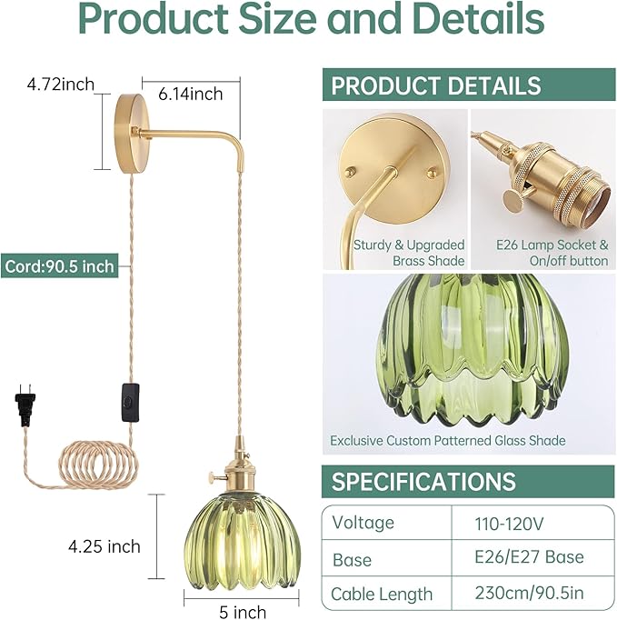 Vintage Wall Sconce Wall Lamp with Green Tulip Glass Shade Hanging Wall Sconce with 4.9FT Plug in Cord, Modern Wall Lamp Fixtures Decor for Bedside Bedroom Indoor Doorway