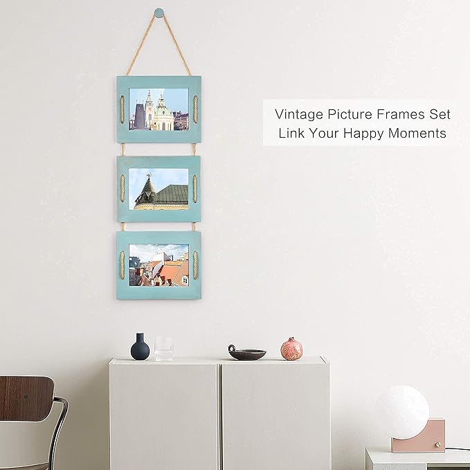 DLQuarts 5x7 Hanging Picture Frames Collage Wall Decor, 3-Opening Photo Frames 5x7 without Mat & 3.5x5 with Mat, Rustic Wood 3 Photo Frames, Ocean Blue