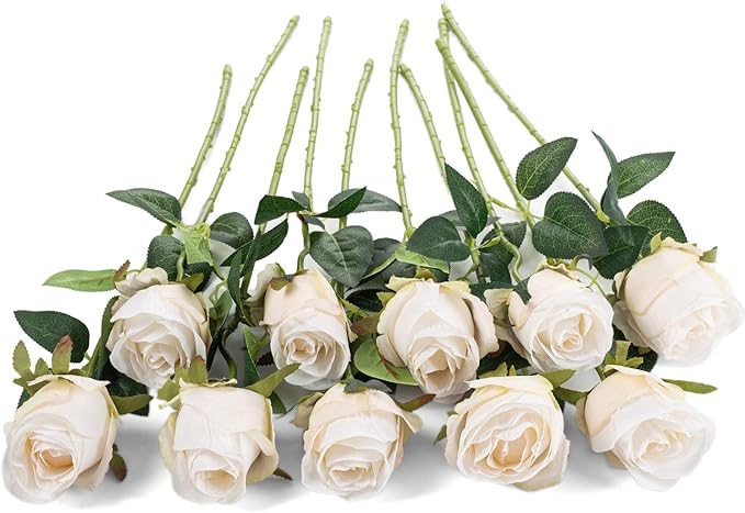 Flojery 10pcs Artificial Rose Flowers Long Stem Fake Silk Roses for DIY Wedding Bouquet Table Centerpiece Home Decor (White)