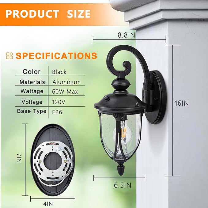 JYZ Dusk to Dawn Outdoor Wall Lantern, 16 Inch Exterior Wall Sconce Light with Clear Glass, Weatherproof Wall Mount Fixture for Front Porch, Doorway, Garage, Patio, Backyard JYOWL04