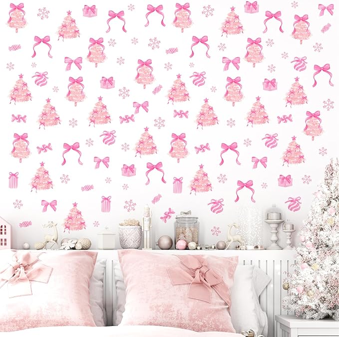 Pink Christmas Wall Stickers Xmas Tree Wall Decals Peel and Stick Bow Sticker for Walls Decoration Indoor Bowtie Decals for Crafts Snowflakes Coquette Art Murals for Girls Bedroom Living Room Decor