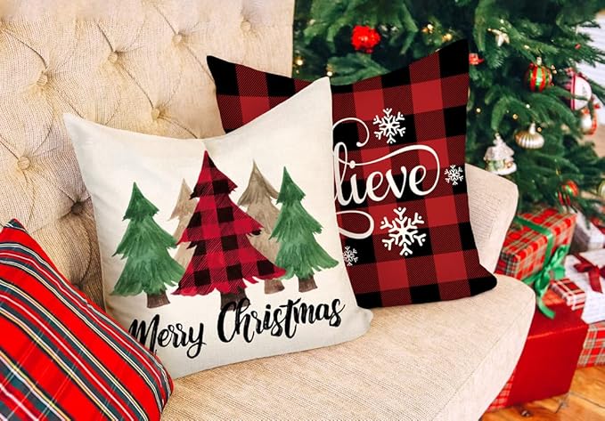 4TH Emotion Buffalo Check Christmas Pillow Covers 18x18 Set of 4 Red Black Farmhouse Christmas Decorations Winter Holiday Decor Throw Cushion Case for Home Couch S22C38