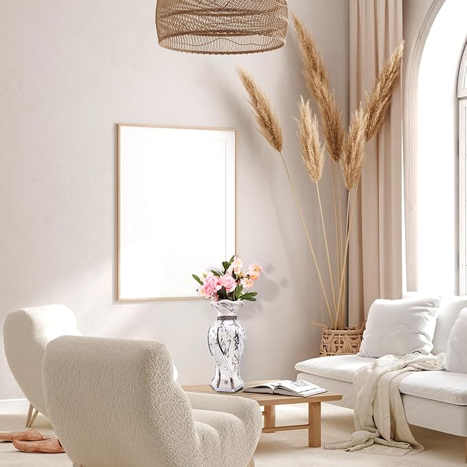 Modern Decorative Vase,Silver Flower Vase for Home Decor with Rhinestone,30 cm Luxury Ceramic Vase for Centerpiece,Living Room,Bedroom,Large Flower Vase