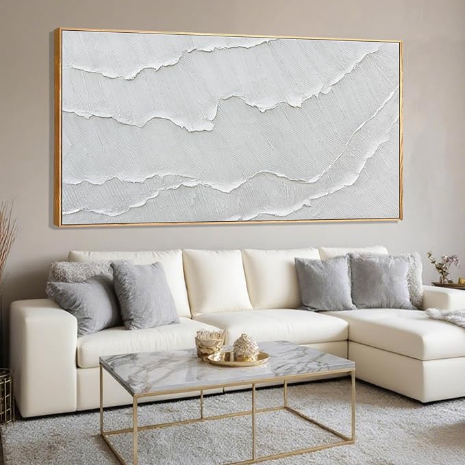WINKAILIN Contemporary Gray-White Abstract Flat printing Wall Art with Frame Large Canvas Ocean waves Painting for Living Room Bedroom Above Couch Decor 29"x58"