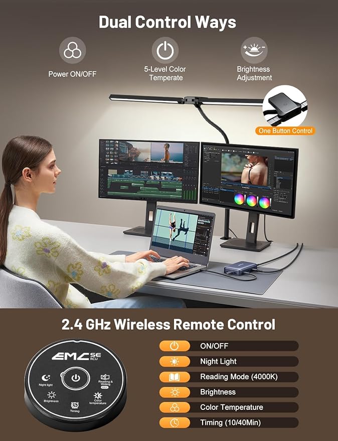Computer Desk Lamp with Clamp for Home Office, Eye-Caring Architect Lamp, Dimmable Table Clip Lamp for Dual Screen Computer Monitor, Adjustable Color Lighting Mode LED Monitor Light