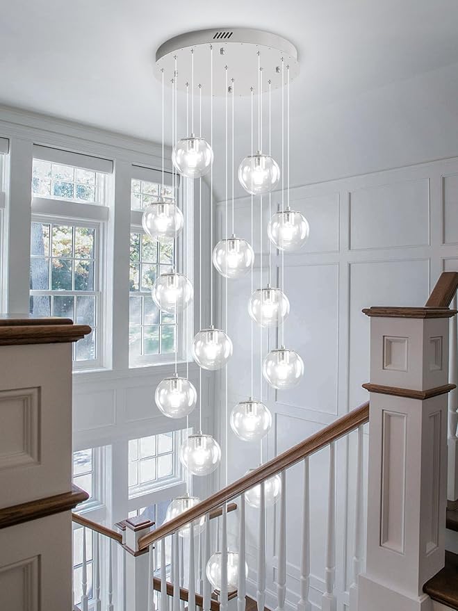 H138 LED Staircase Chandelier 15-Lights Glass Globe Pendant Light Large Chandeliers for High Ceilings, Entryway Modern Lighting Fixture Villas and Stairs