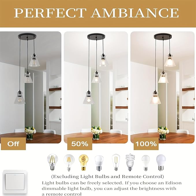 Industrial Hanging Pendant Lighting for Kitchen Island Black Brushed Glass 3-Light Linear Chandelier for Dinning Room Entryway Bedrooms Farmhouse