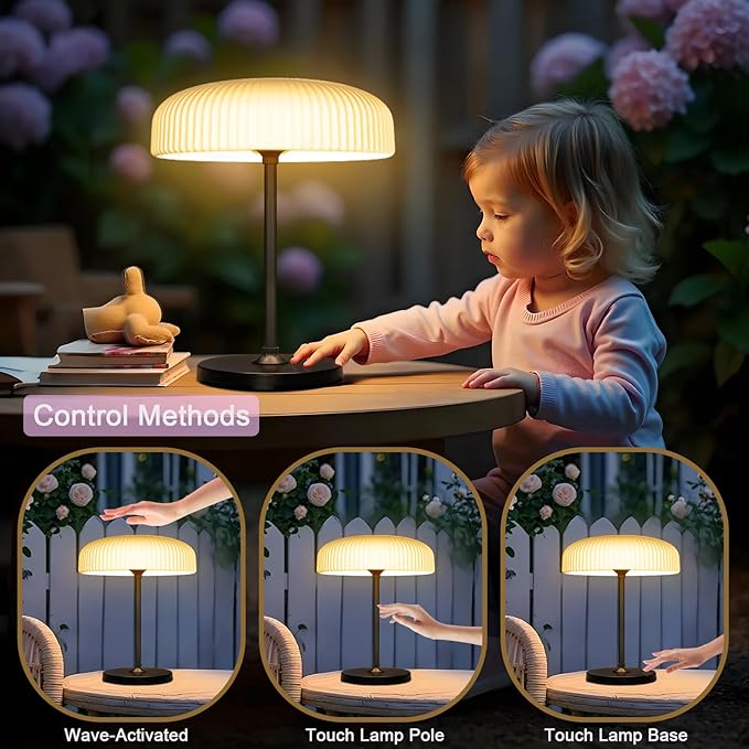 LED Solar Table Lamp, IP65 Waterproof, Touch Control, 3 Modes, USB-C Charging, White Dome Shade with Black Base, Indoor Outdoor Use (White)