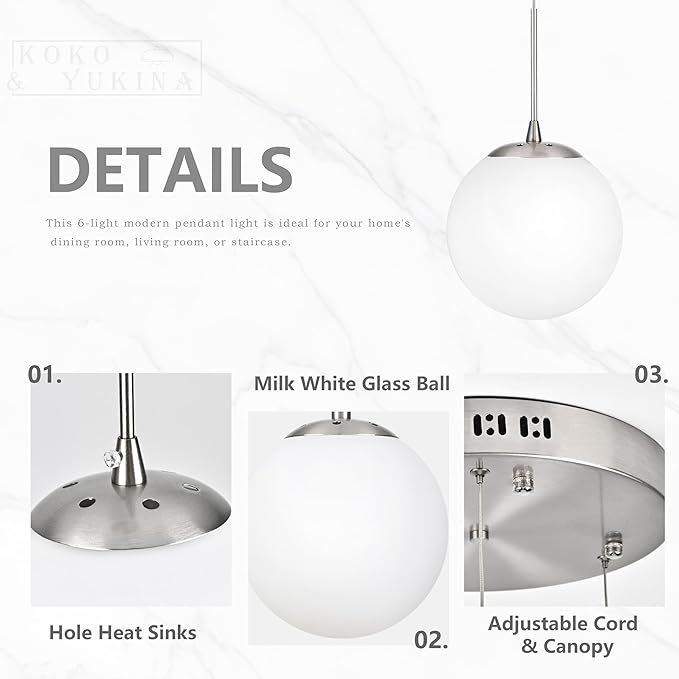 KoKo&Yukina Globe Pendant Light 6 Light Nickel Globe Pendant Lights Kitchen Island Mid Century Light Fixture with Milky White Glass Shade Lights for Staircase