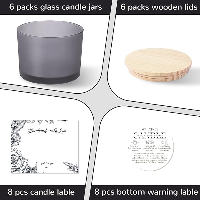 6 Pack Glass Candle Jars with Lids (16oz, Frosted Grey) - Large Candle Jars for 3 Wick Candles Making - Empty Candle Jars Containers - Candle Making Accessories include 16Pcs Candle Labels