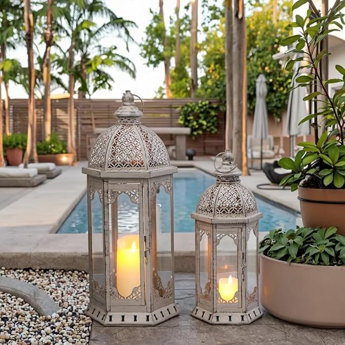 JHY DESIGN Set of 2 Decorative Candle Lanterns 22"&17" H Vintage Metal Candle Holder for Garden Indoor Outdoor Parties Weddings Patio Home Decor(Grey with Black Brush)