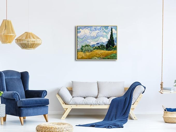 Wieco Art Framed Canvas Art Wheat Field with Cypresses by Van Gogh Impressionist Landscape oil Paintings Canvas Prints Artwork Wall Art for Living Room Home Office Decorations