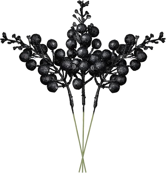 Lvydec 16pcs Christmas Glitter Berry Stems, 7.8" Artificial Christmas Picks for Christmas Tree Ornaments, DIY Xmas Wreath, Crafts, Holiday and Home Decor (Black)