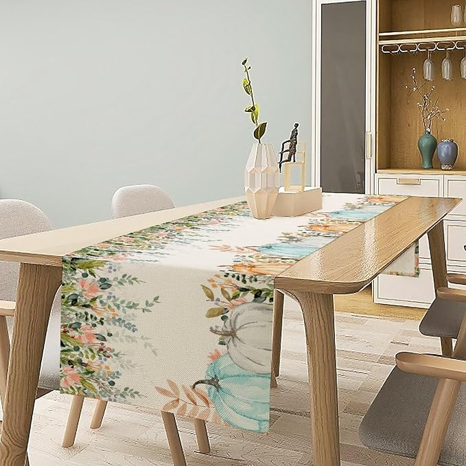 Fall Table Runner Blue Pumpkin Colorful Eucalyptus Leaves Thanksgiving Orange Green Watercolor Illustration Decor for Farmhouse Indoor Outdoor Party Holiday Dining Kitchen Restaurant Cafe W13xL72in
