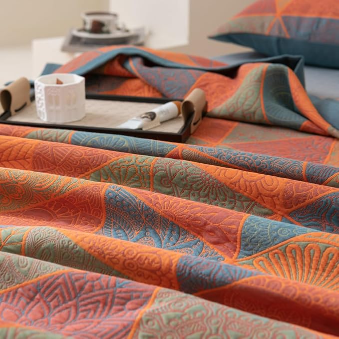 100% Cotton Muslin Blanket Jacquard Bohomian Mandala Triangle Quilt, Soft Bed Cover 3 Layers Reversible Bedspread Coverlet Breathable Lightweight Bedding King(98"x94"), No Pillow Sham