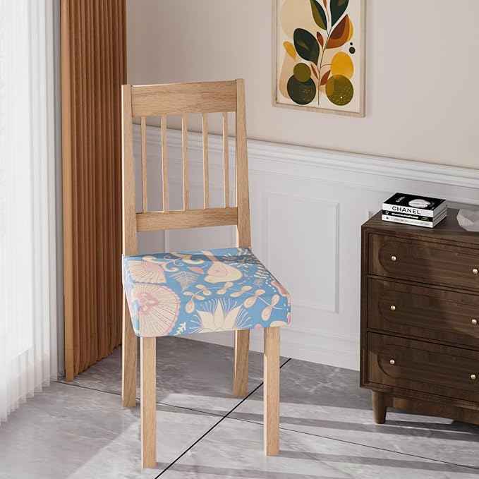 Stretch Dining Chair Seat Covers Set of 6,Dining Chair Slipcovers, Floral Printed Chair Covers,Soft Fabric Washable Upholstered Chair Seat Protector, No Rear Covers for Home Kitchen Dining Room