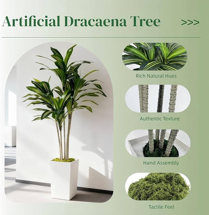 Artificial Dracaena Tree 5FT with White Tall Planter - Faux Tree Tall Fake Floor Plant in Pot-Artificial Plants Indoor for Home Office Living Room Décor (Dracaena 5ft)