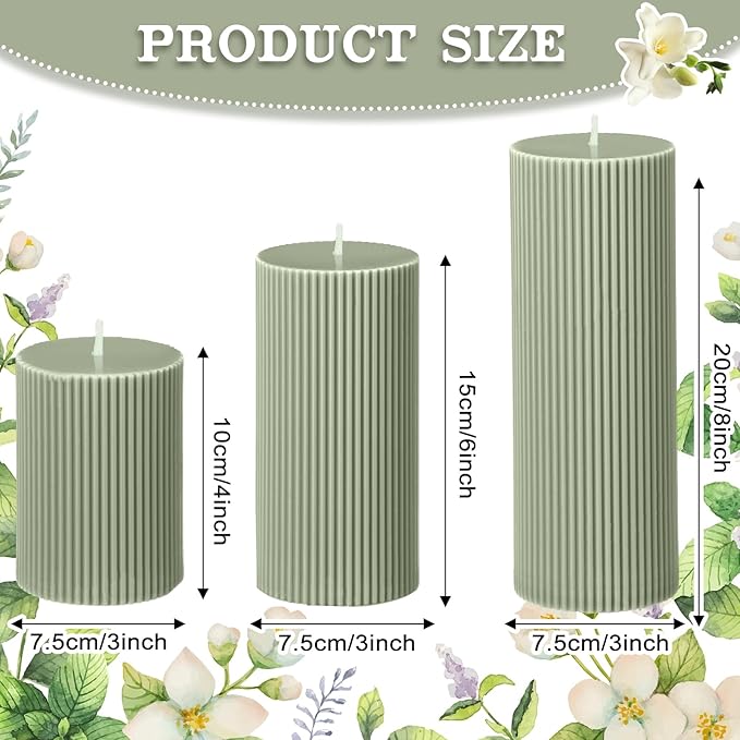 Ribbed Pillar Candles Set of 3, Width 3" High 4" 6" 8" Large Soy Wax Orchids Scented Pillar Candles Aesthetic Ribbed Modern Home Decor for Bathroom Living Room(Bean Green)