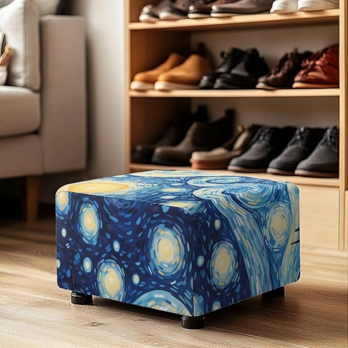 Starry Night Ottoman Slipcover Non-Llip Rectangle Chair Cover with Elastic Bottom Removable Washable Foot Stool Covers for Ottoman Country Home Accessories Decoration