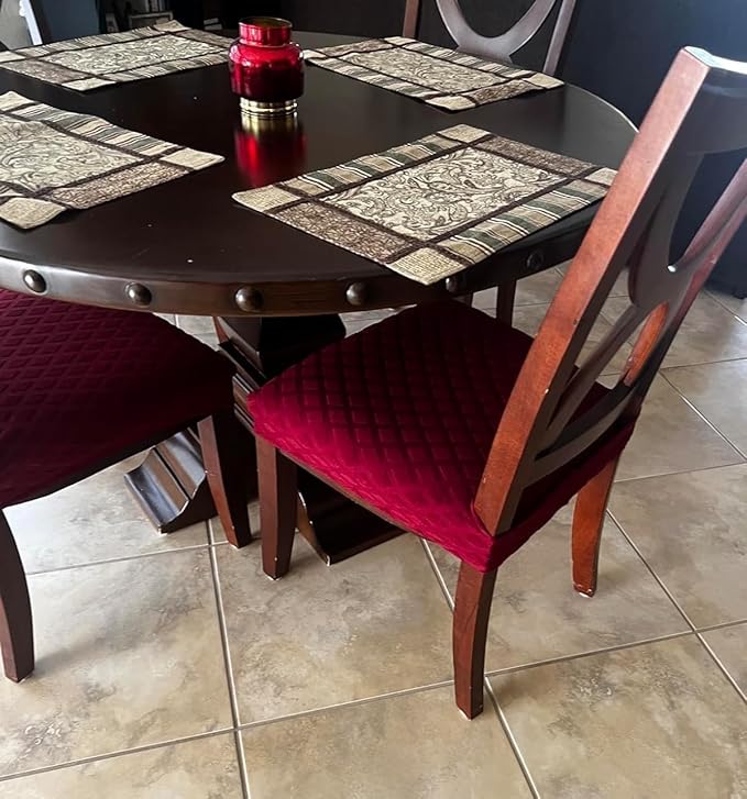 SearchI Stretch Dining Chair Seat Covers Set of 6, Soft Removable Washable Seat Covers for Dining Chairs, Dining Room Seat Cover Slipcover Protector (Rear-Covered, Red Diamond Jacquard)