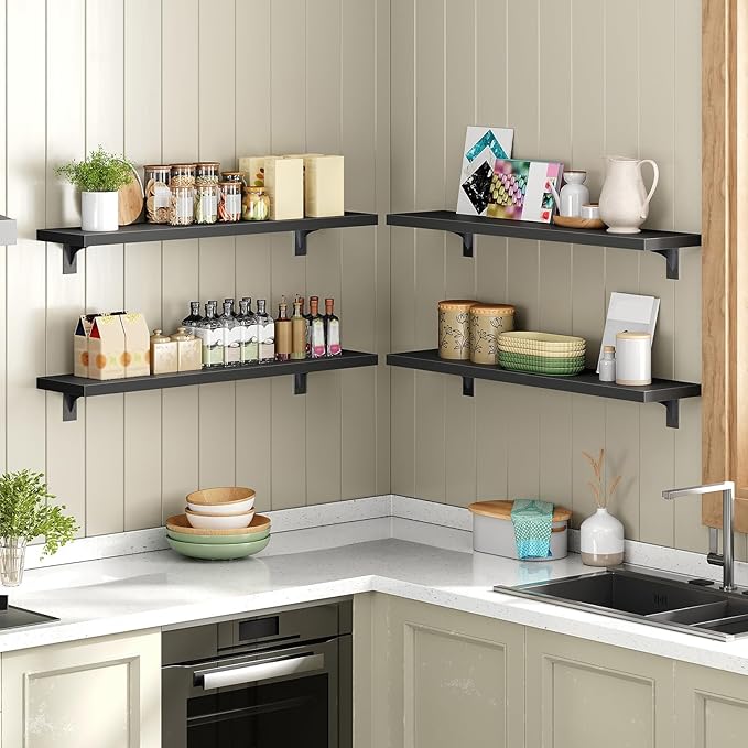 HOOBRO Floating Shelves for Wall, 31.5" Wall Mounted Shelves Set of 2, Hanging Storage Shelf with Metal Brackets, Wooden Shelf for Living Room, Bedroom, Bathroom, Black BK82BJP201G1