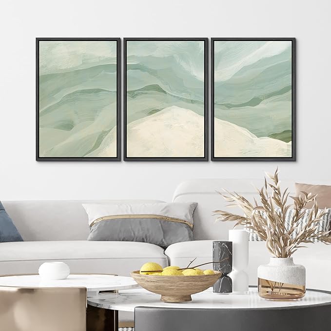 MUDECOR Framed Wall Art Print Set Pastel Waves Blue and White Tones Illustrations Modern Art Boho Decorative Colorful Chic for Living Room, Bedroom, Office - 16"x24"x3 Black