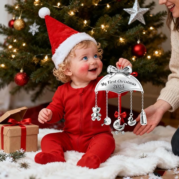 Baby's First Christmas Ornament 2025 My 1st Christmas Mobile Ornament for Girls Boys Newborn Gifts Decor New Baby Keepsake with Hanging Bear Duck Carriage Rattle Pacifier Bottle