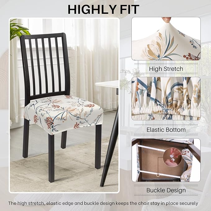 SearchI Stretch Dining Chair Seat Covers Set of 6, Soft Removable Washable Seat Covers for Dining Chairs, Dining Room Seat Cover Protector (Rear-Covered, Beige Flower 1)