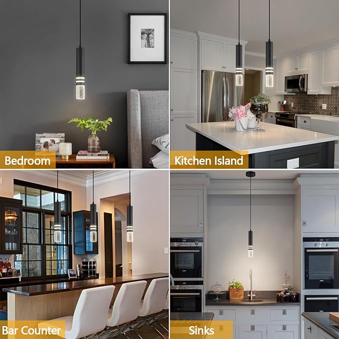 Pendant Lights Kitchen Island, Crystal Pendant Light Fixtures Mini 6W LED Modern Kitchen Pendant Lighting Over Sink and Living Room and Bedroom (Black 2-Pack)