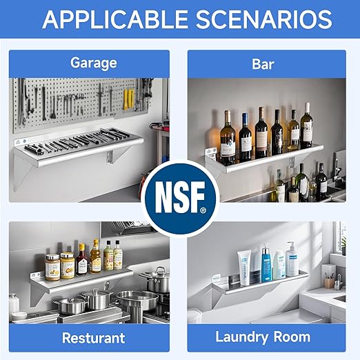 ROCKPOINT Stainless Steel Shelf 12 x 30 Inches 280lb, 2 Pack NSF Metal Commercial Shelves Wall Mount Floating Shelving with Backsplash for Restaurant, Kitchen, Home and Hotel, Silver