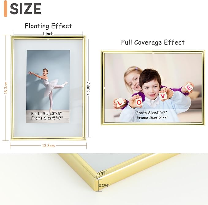 Wall Floating Frame, 5"×7", Gold, Wall Mounting or Wall Leaning, For Photo 5x7, 4x6, 3.5x5, Classy For Festival, Anniversary, Wedding, Home or Office Décor