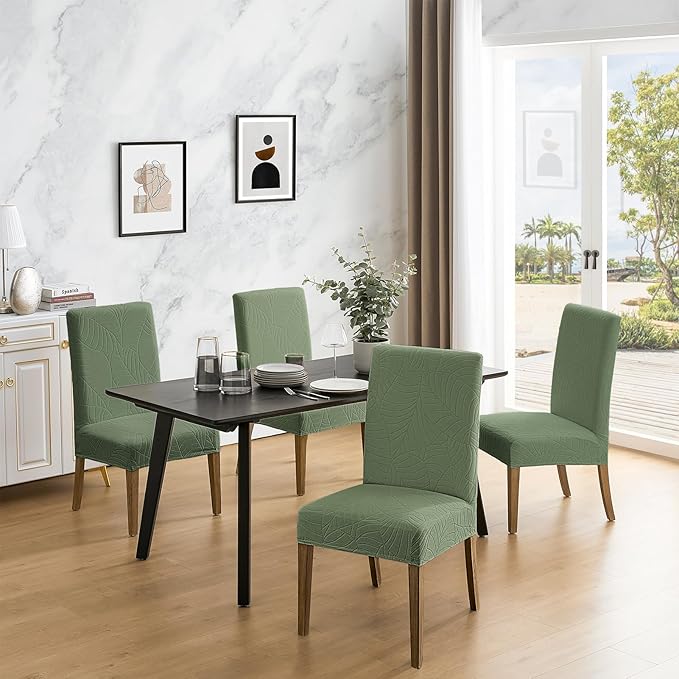 MOSAYT 100% Waterproof Dining Room Chair Covers Set of 4, Super Fit Stretch Jacquard Parson Chairs Slipcovers Removable Washable Chair Seat Protectors for Home, Kitchen, Banquet (Green - XL)