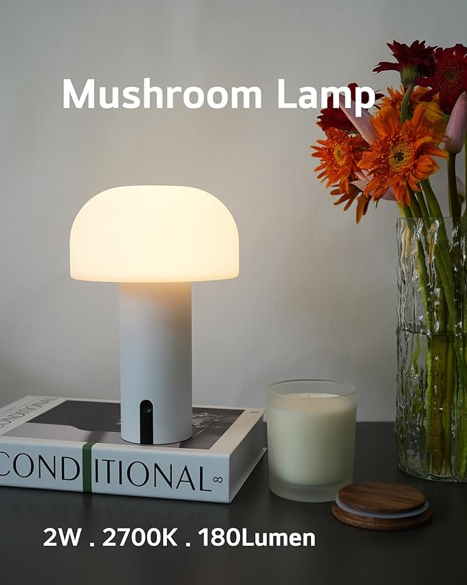 Outdoor Mushroom Table Lamp Rechargeable, Cordless Lamps for Patio Waterproof, Portable Battery Operated Lamp with USB Charging, Touch Dimming Night Light for Home/Porch/Restaurant (White)