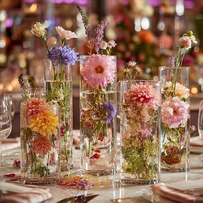 Glass Vase Cylindrical Vase for Tabletop Decoration, Candle Glass Vase, Pebble Vase for Party, Wedding, Banquet Decoration (42, 5.9+5.9+7.9+7.9+10+10+11.9inch)