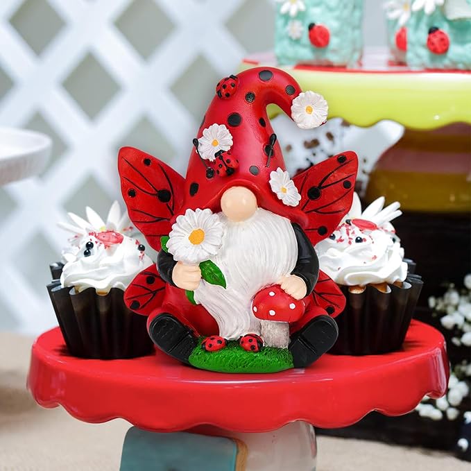 Ladybug Gnome Decorations - Resin Figurines for Spring Kitchen, Summer Garden, Lawn and Outdoor Decor - Gifts for Women