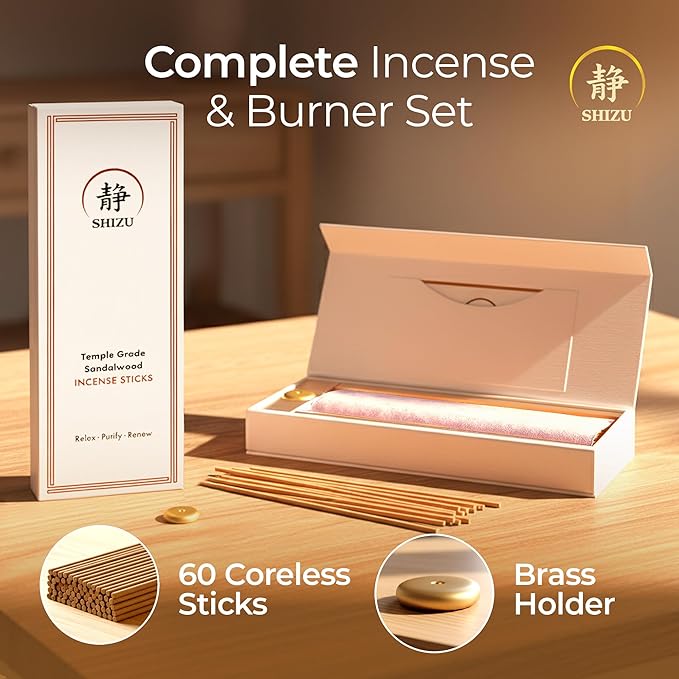 Shizu Sandalwood Incense Sticks – Temple Grade Japanese Incense with Brass Holder – Calming Scent for Relaxation, Meditation & Home Spa, Elegant Gift Set (60 Sticks)
