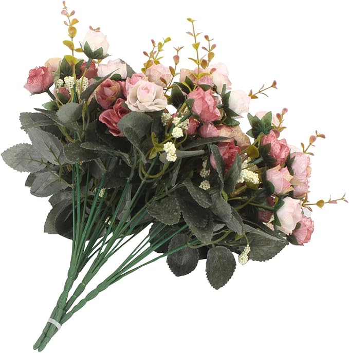 Duovlo 7 Branch 21 Mini Rose Heads Artificial Flowers Bouquet Wedding Home Office Decor,Pack of 4 (Pink)