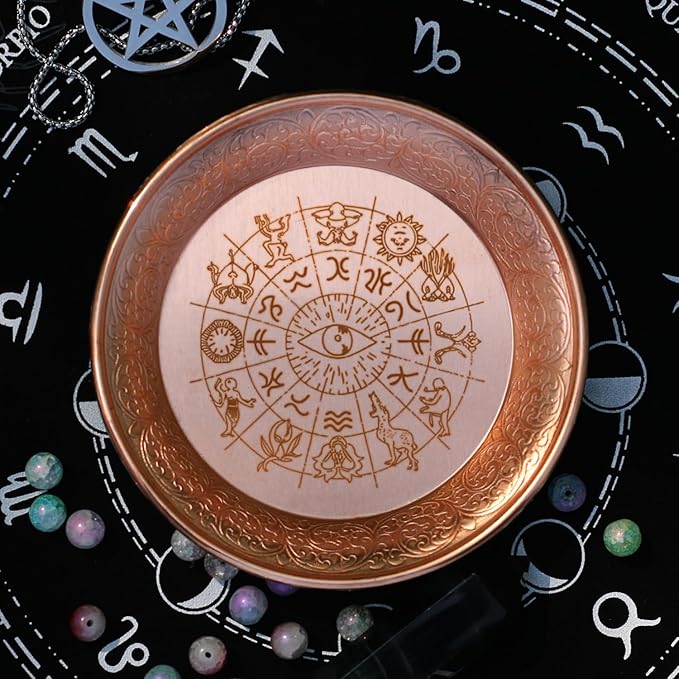 Copper Offering Prayer Ritual Bowl - Carving Twelve Tonstellations Brass Decorative Plate Great for use Smudging, Incense Burner Holder,Candle Dish, Ash Catcher,Jewelry Dish,Keys Basket