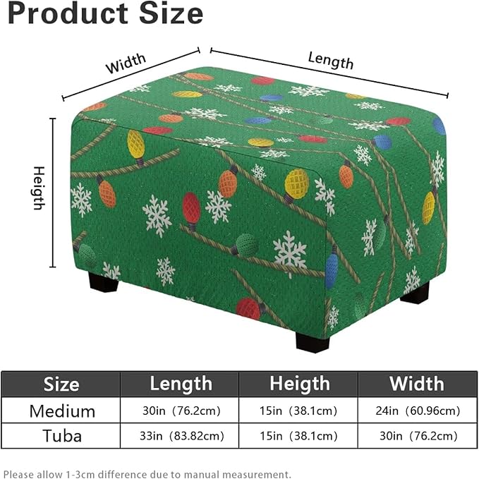 Christmas Light Snowflake Ottoman Cover - Elastic, Stretch Fit Slipcover for Rectangular Footstools, Machine Washable Holiday Decor, 30x24x15 Inch