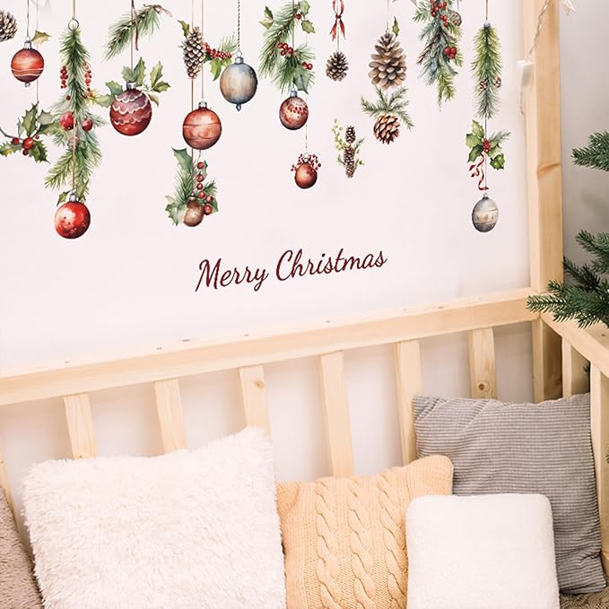 Christmas Wall Decals Winter Pine Cones Colorful Balls Removable Vinyl Waterproof Decorations Window Clings Stickers for Kid Room Bedroom Home Party Decor