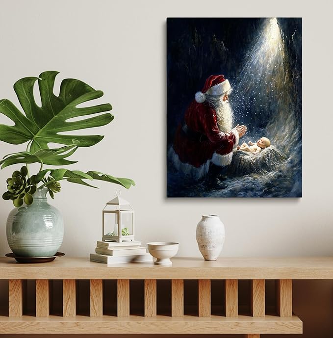 Santa And Christ Child Wall Art,Kneeling Santa,Santa Kneeling,Santa Nativity,Baby Jesus Manger Poster, Santa Kneeling At Manger,Christ Child In Manger Print,Jesus And Santa Art 24x32inch Framed Art