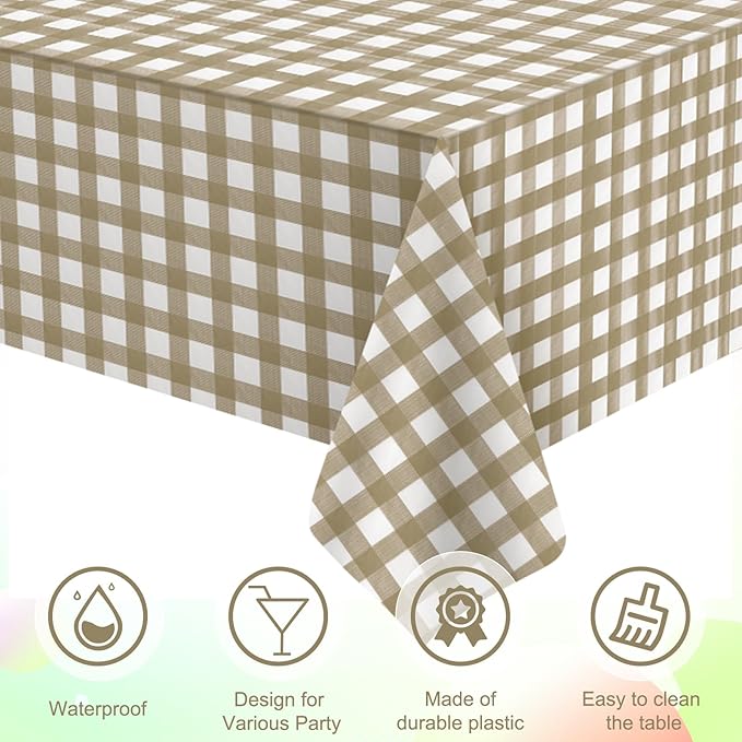 6 Pcs Brown Gingham Tablecloth Decorations, Disposable Plastic Khaki Gingham Tablecloth Buffalo Plaid Table Cover for Baby Shower Bridal Wedding Birthday Party Supplies,54 x 108 Inch